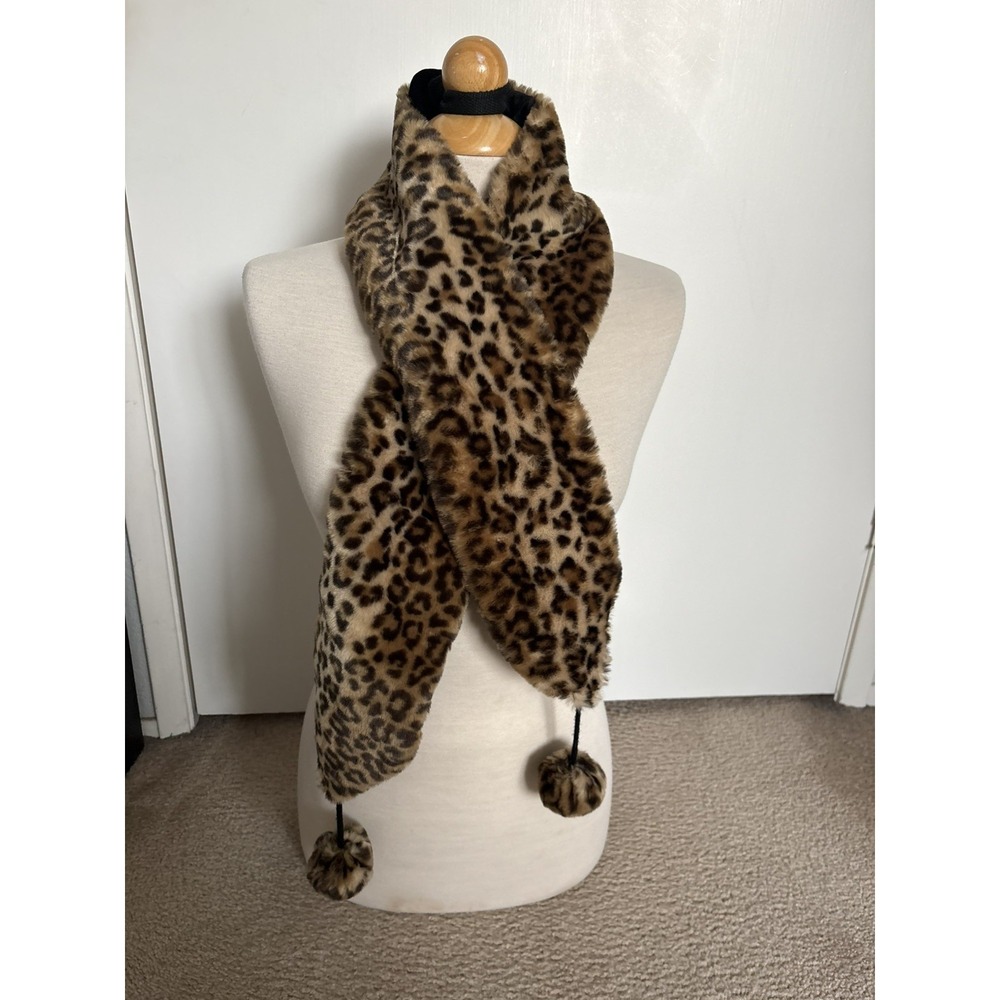 Vtg Ben Berger Luxury Collection Faux Fur Scarf Stole Brown Animal Print 60"x5"